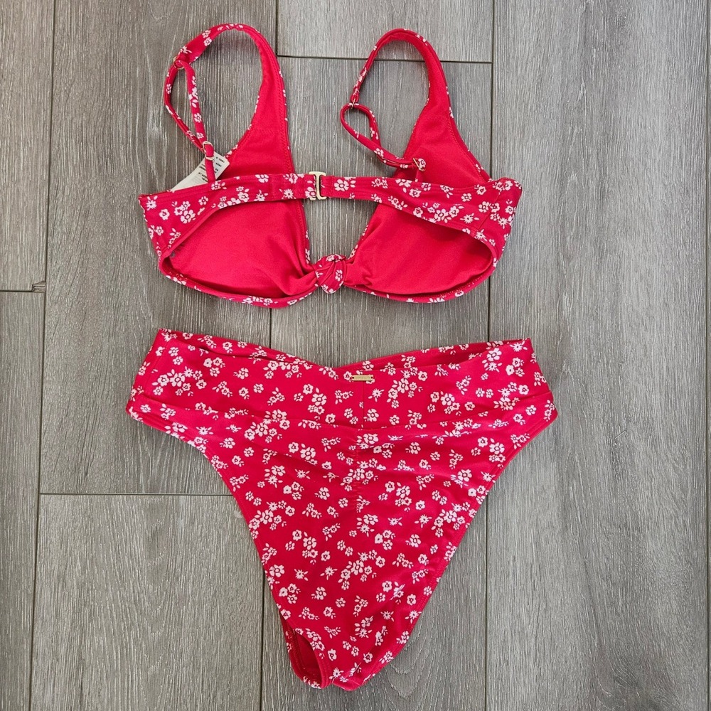 Hollister Swim Red Floral Bikini Set Knot Front Top S High Waist V Cut Bottom M - Picture 2 of 7